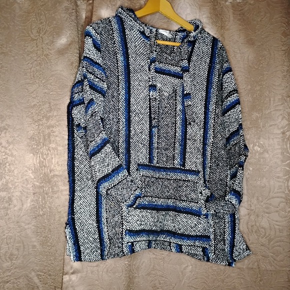 BAJA Hoodie Men XL Blue Black Gray Striped Hooded Pullover Vintage Y2K - 7 - Picture 2 of 16